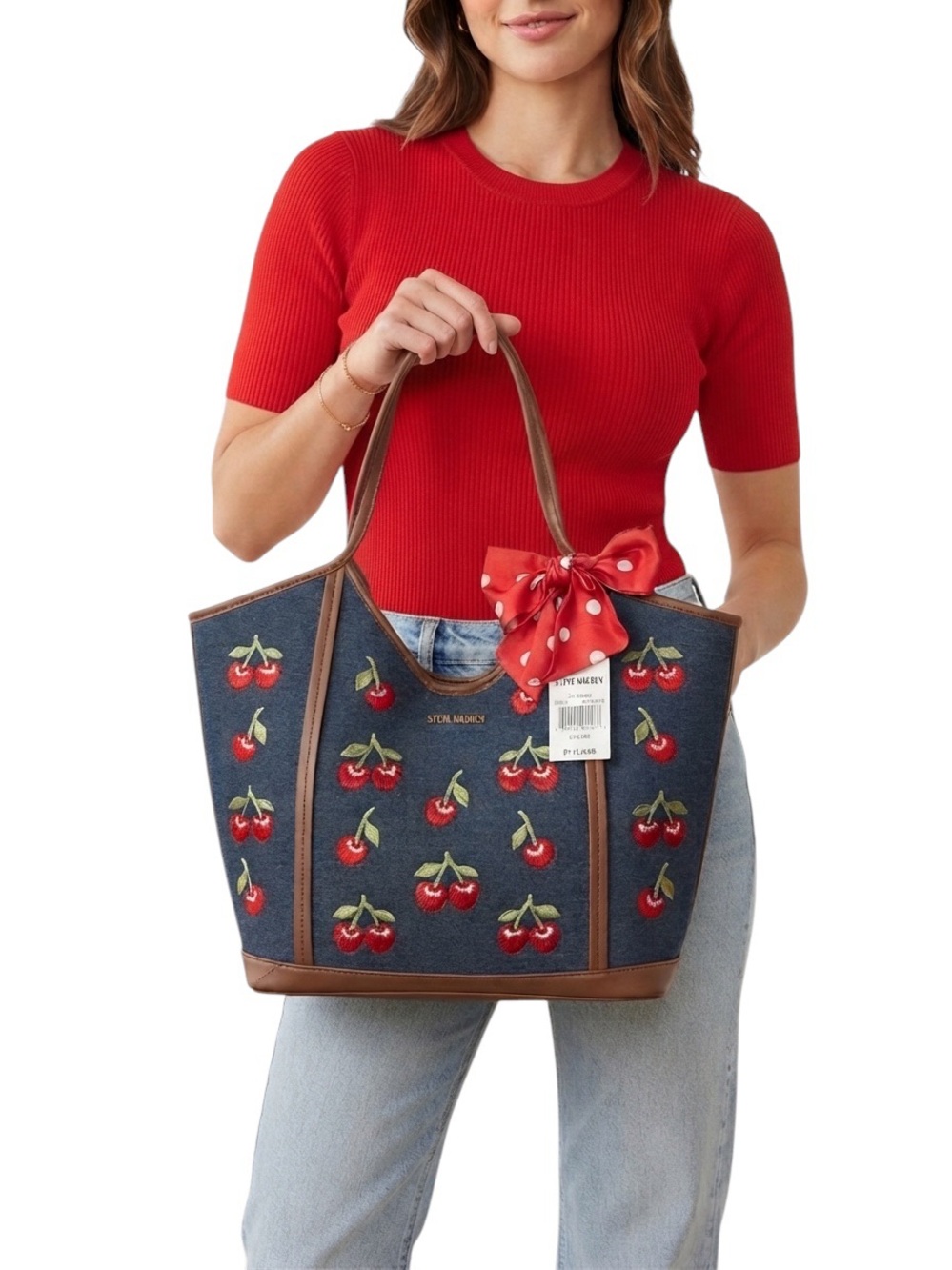 Steve Madden BPROUD 2 Denim Tote Cherry Embroidery Green Leaves, Blue & Red